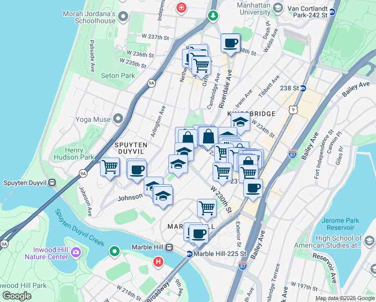 map of restaurants, bars, coffee shops, grocery stores, and more near 3015 Riverdale Avenue in The Bronx