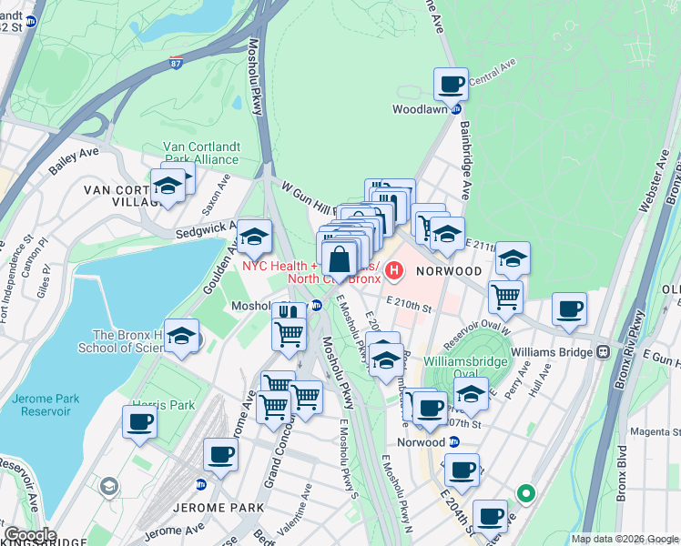 map of restaurants, bars, coffee shops, grocery stores, and more near 444 Jerome Avenue in The Bronx