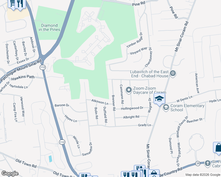 map of restaurants, bars, coffee shops, grocery stores, and more near 8 Brenner Road in Coram