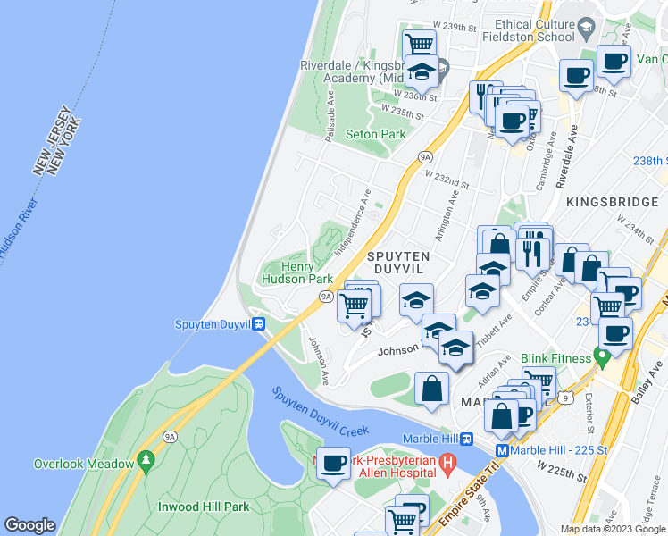 map of restaurants, bars, coffee shops, grocery stores, and more near 2601 Henry Hudson Parkway West in Bronx