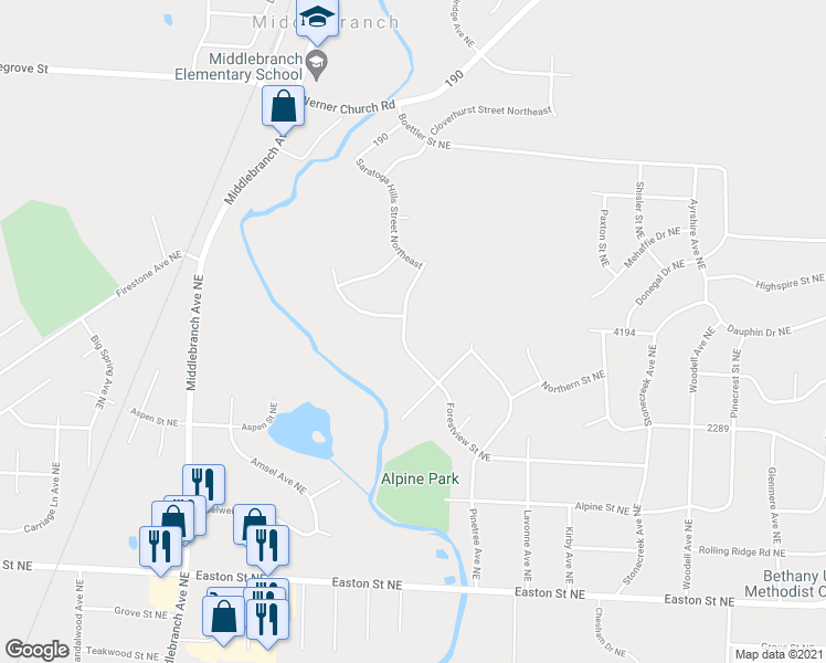 map of restaurants, bars, coffee shops, grocery stores, and more near 2905 Forestview Street Northeast in North Canton