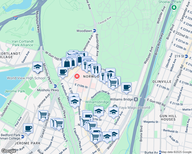 map of restaurants, bars, coffee shops, grocery stores, and more near 169 East Gun Hill Road in The Bronx