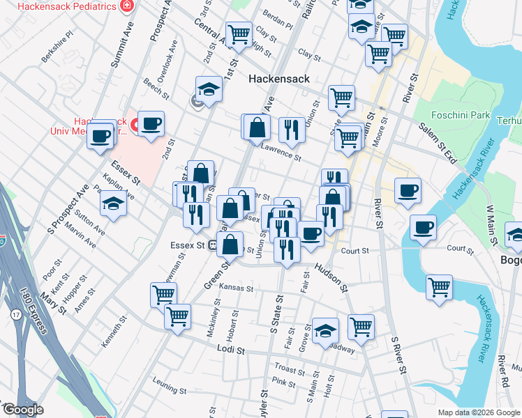 map of restaurants, bars, coffee shops, grocery stores, and more near 75 Union Street in Hackensack
