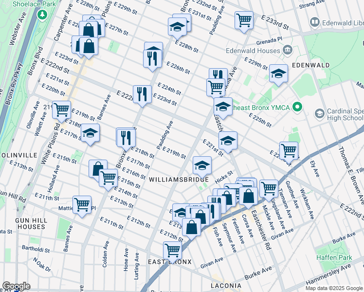 map of restaurants, bars, coffee shops, grocery stores, and more near 1048 East 220th Street in Bronx