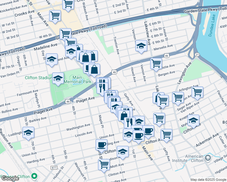 map of restaurants, bars, coffee shops, grocery stores, and more near 208 Piaget Avenue in Clifton