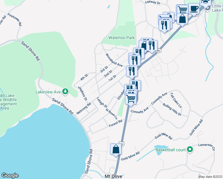 map of restaurants, bars, coffee shops, grocery stores, and more near 38 Netcong Road in Mount Olive