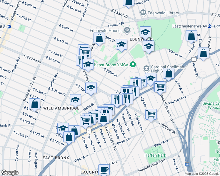map of restaurants, bars, coffee shops, grocery stores, and more near 1261 East 223rd Street in Bronx