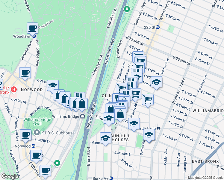 map of restaurants, bars, coffee shops, grocery stores, and more near in The Bronx
