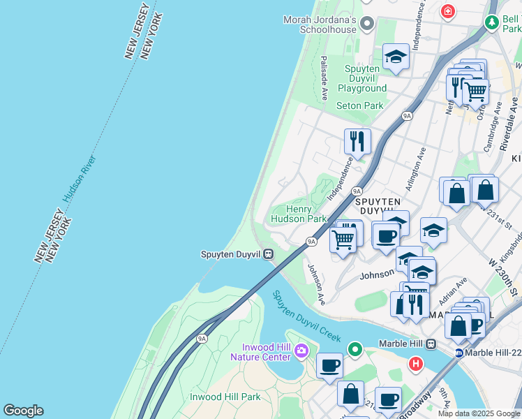 map of restaurants, bars, coffee shops, grocery stores, and more near 2501 Palisade Avenue in The Bronx