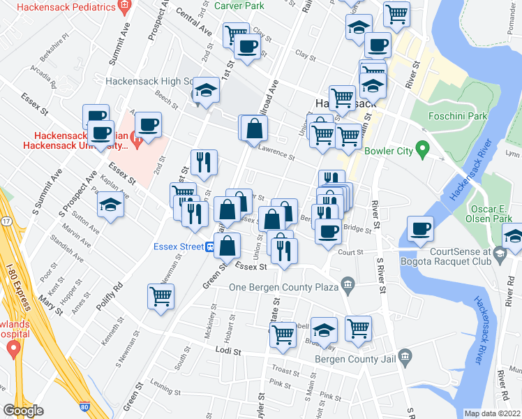 map of restaurants, bars, coffee shops, grocery stores, and more near 75 Union Street in Hackensack