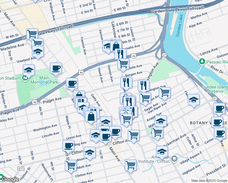 map of restaurants, bars, coffee shops, grocery stores, and more near 234 Hamilton Avenue in Clifton