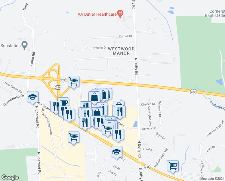 map of restaurants, bars, coffee shops, grocery stores, and more near 110 Court Side Lane in Butler