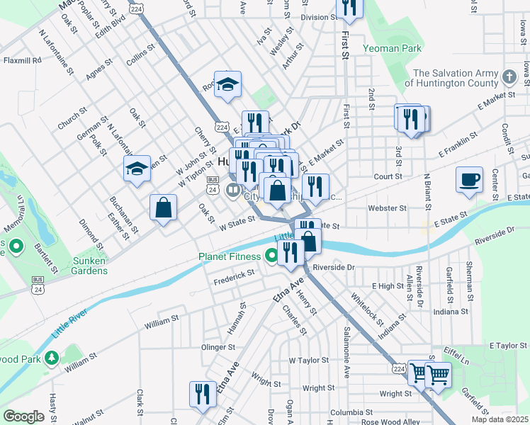map of restaurants, bars, coffee shops, grocery stores, and more near 208 West State Street in Huntington