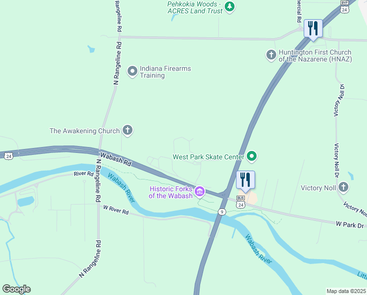 map of restaurants, bars, coffee shops, grocery stores, and more near 232 Wabash Circle in Huntington