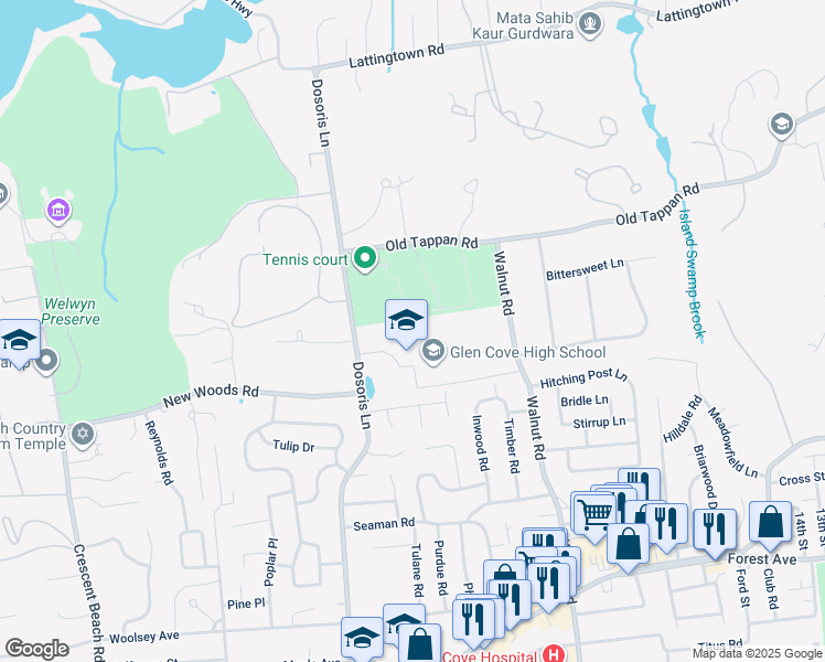map of restaurants, bars, coffee shops, grocery stores, and more near 150 Dosoris Lane in Glen Cove