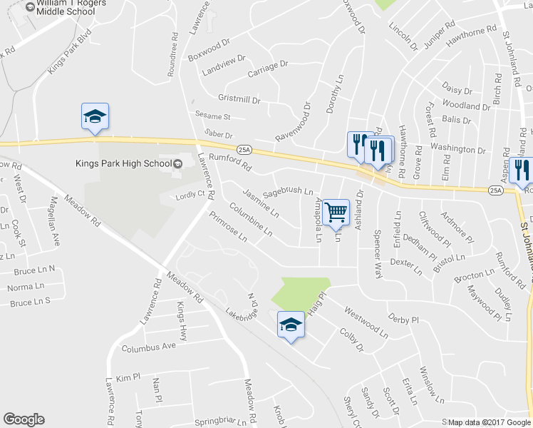 map of restaurants, bars, coffee shops, grocery stores, and more near 17 Jasmine Lane in Kings Park