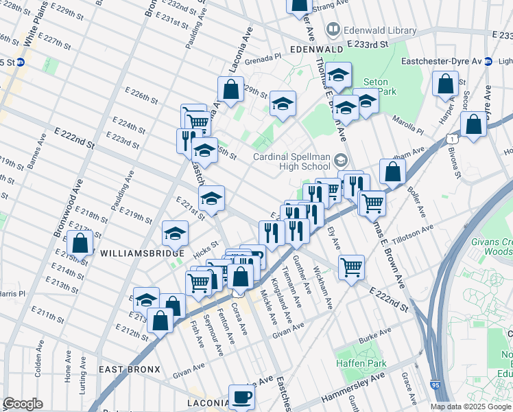 map of restaurants, bars, coffee shops, grocery stores, and more near 1261 East 223rd Street in Bronx