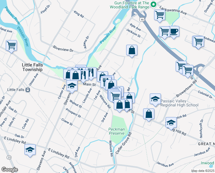 map of restaurants, bars, coffee shops, grocery stores, and more near 17 Van Ness Avenue in Little Falls