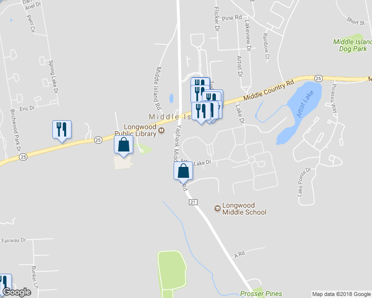 map of restaurants, bars, coffee shops, grocery stores, and more near 24 Fairview Circle in Middle Island