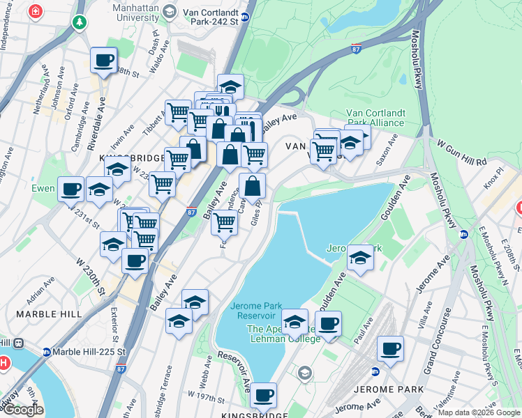 map of restaurants, bars, coffee shops, grocery stores, and more near 3438 Giles Place in Bronx