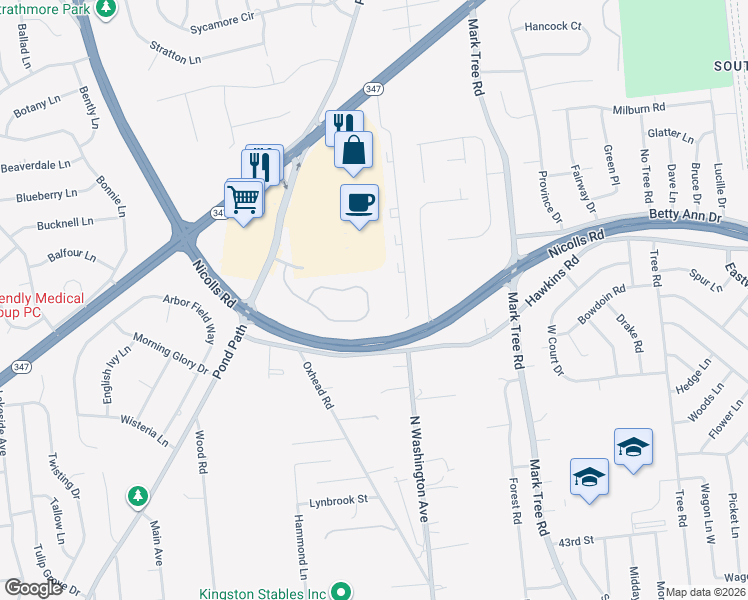 map of restaurants, bars, coffee shops, grocery stores, and more near 65 Sunflower Ridge Road in Centereach