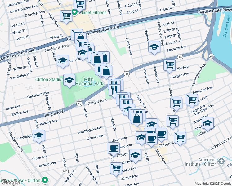 map of restaurants, bars, coffee shops, grocery stores, and more near 63 Franklin Avenue in Clifton