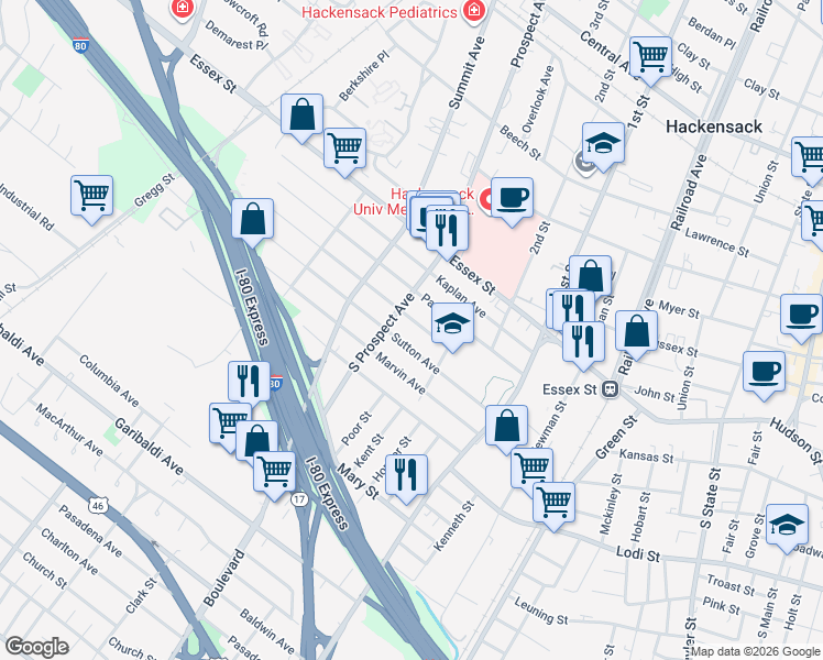 map of restaurants, bars, coffee shops, grocery stores, and more near 329 Simons Ave in Hackensack