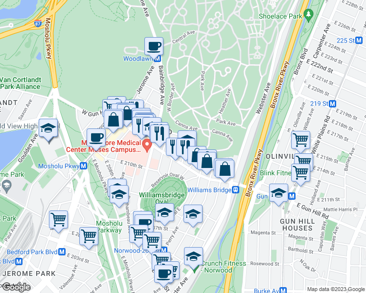 map of restaurants, bars, coffee shops, grocery stores, and more near 3520 Tryon Avenue in Bronx