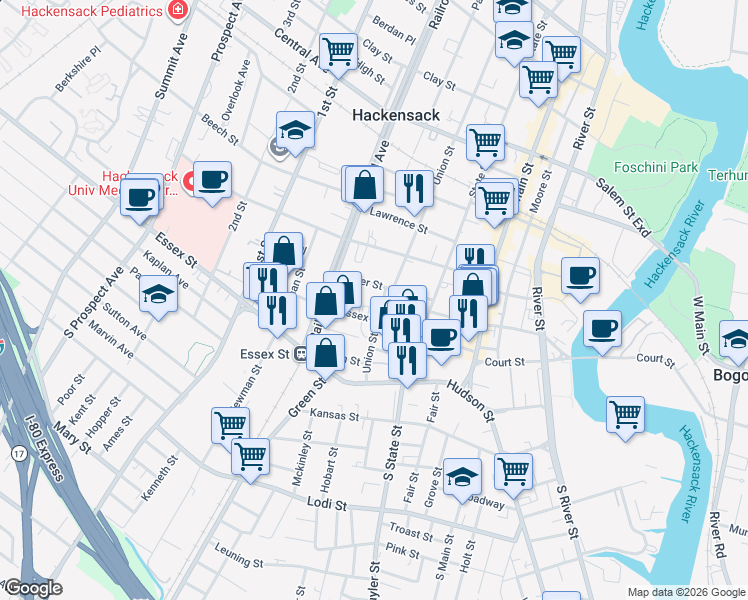 map of restaurants, bars, coffee shops, grocery stores, and more near 75 Union Street in Hackensack