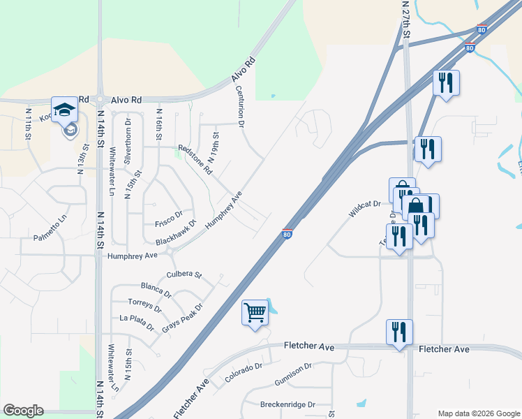 map of restaurants, bars, coffee shops, grocery stores, and more near 1961 West Shane Drive in Lincoln