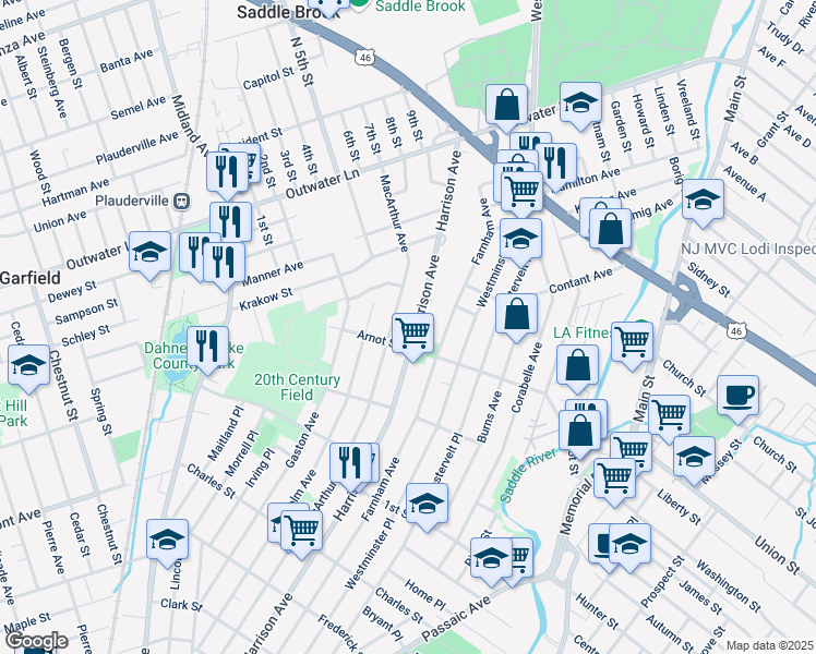 map of restaurants, bars, coffee shops, grocery stores, and more near 441 Harrison Avenue in Garfield