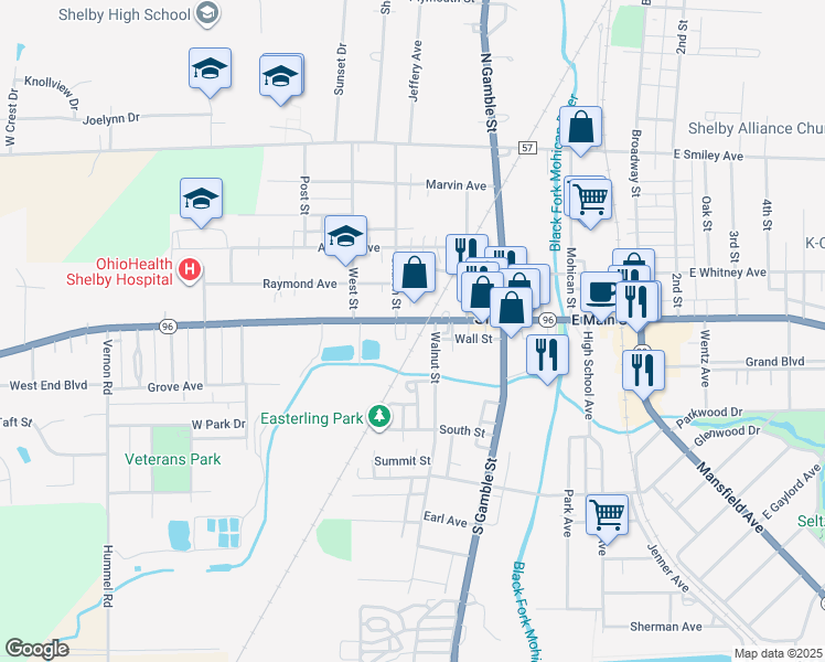 map of restaurants, bars, coffee shops, grocery stores, and more near 108 W Main St in Shelby
