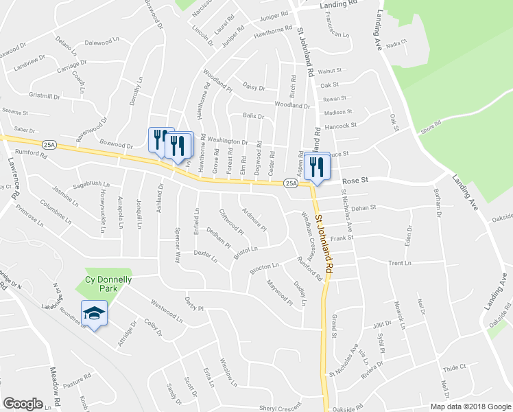 map of restaurants, bars, coffee shops, grocery stores, and more near 19 Sharon Court in Kings Park