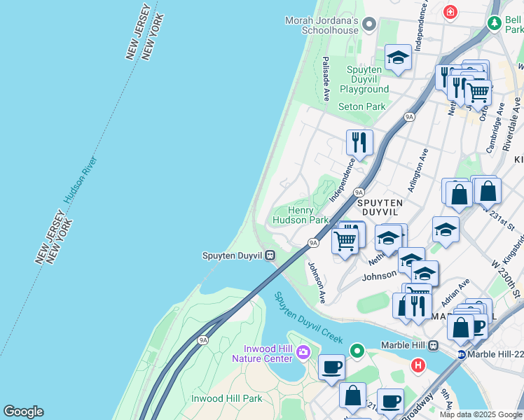 map of restaurants, bars, coffee shops, grocery stores, and more near 2501 Palisade Avenue in The Bronx