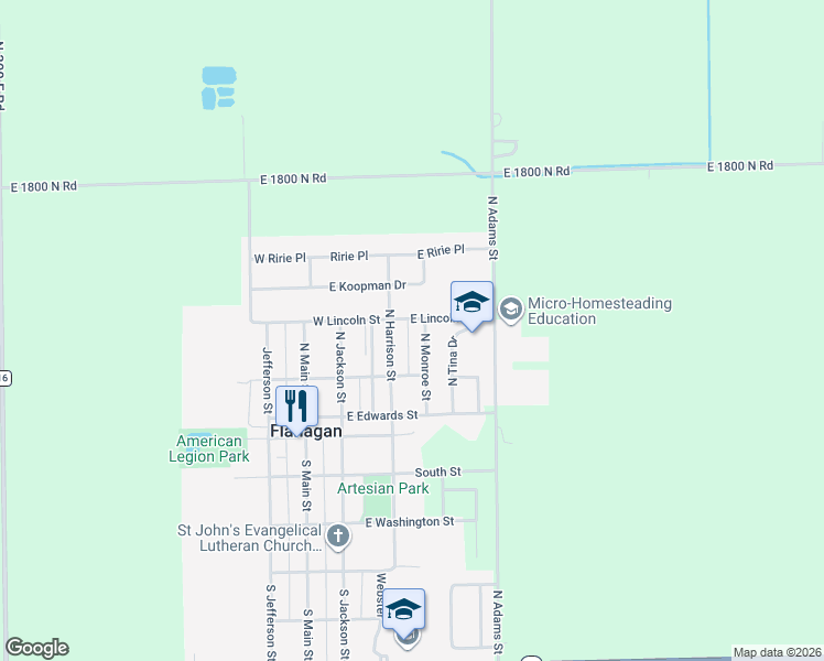 map of restaurants, bars, coffee shops, grocery stores, and more near 301 East Lincoln Street in Flanagan