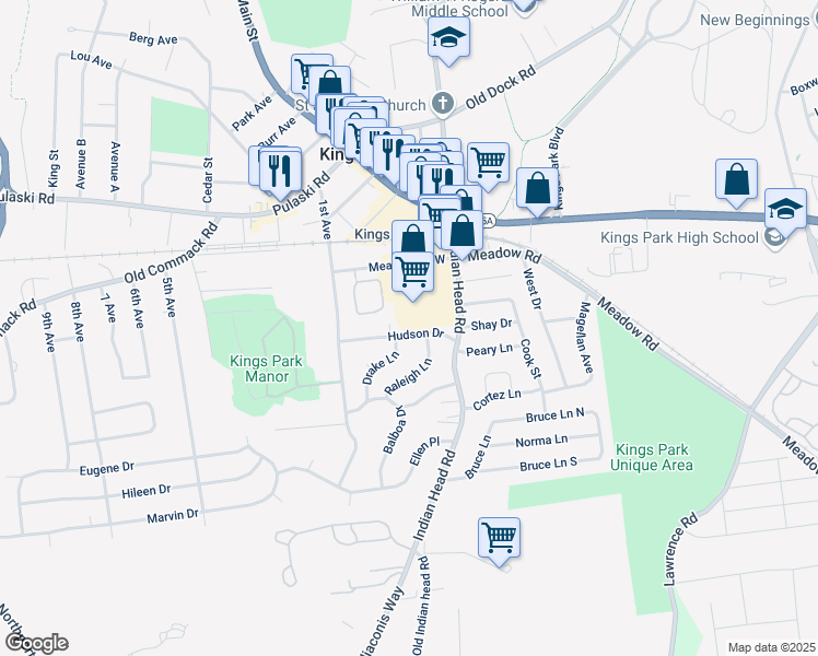 map of restaurants, bars, coffee shops, grocery stores, and more near 15 Hudson Drive in Kings Park