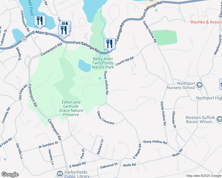 map of restaurants, bars, coffee shops, grocery stores, and more near 34 Stony Hollow Road in Centerport