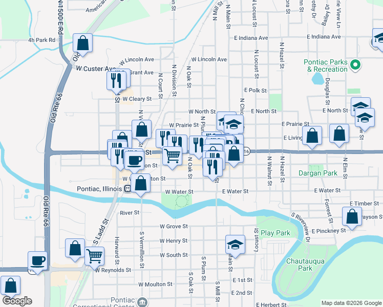 map of restaurants, bars, coffee shops, grocery stores, and more near 320 North Oak Street in Pontiac