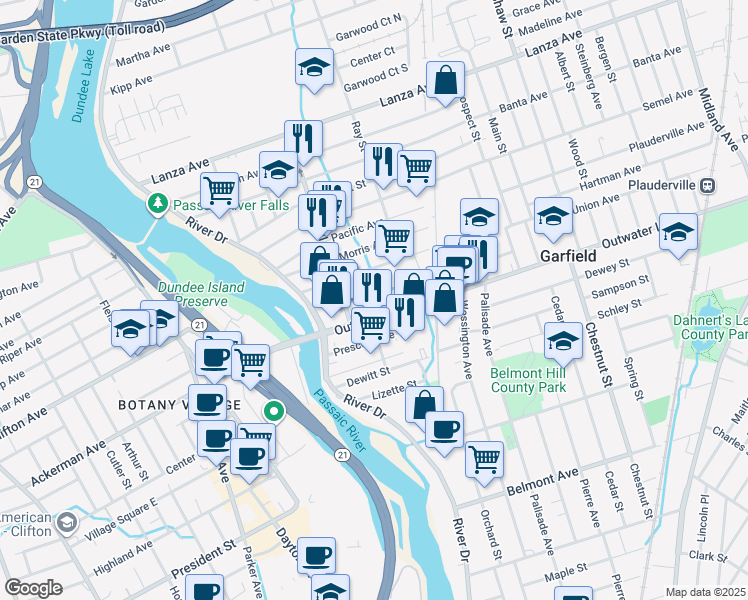 map of restaurants, bars, coffee shops, grocery stores, and more near 45 Outwater Lane in Garfield