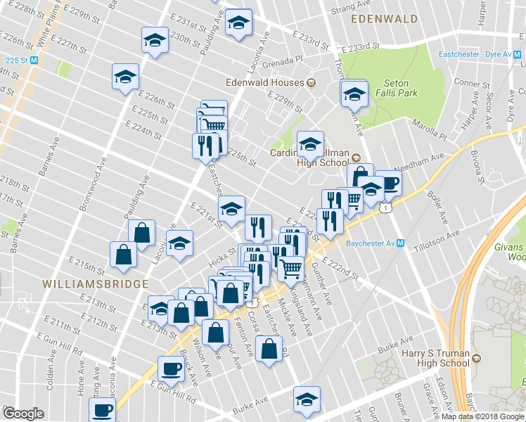 map of restaurants, bars, coffee shops, grocery stores, and more near 1226 East 223rd Street in Bronx