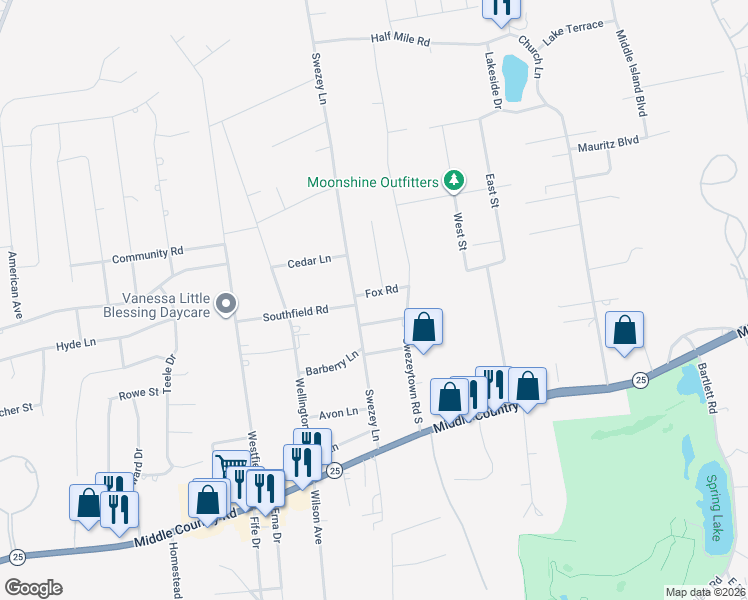 map of restaurants, bars, coffee shops, grocery stores, and more near 4 Fox Road in Middle Island
