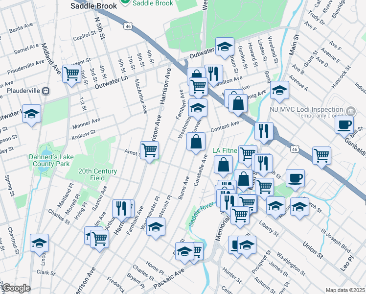 map of restaurants, bars, coffee shops, grocery stores, and more near 321 Westervelt Place in Lodi