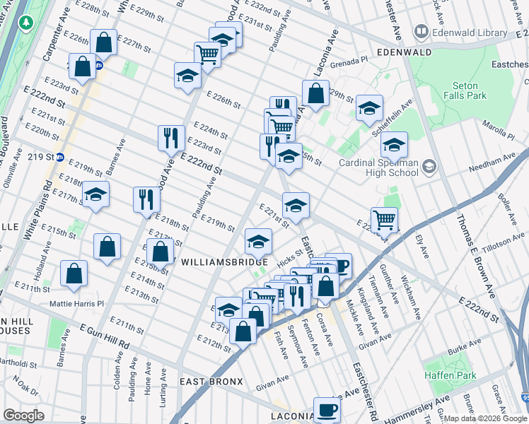 map of restaurants, bars, coffee shops, grocery stores, and more near 1124 East 221st Street in Bronx