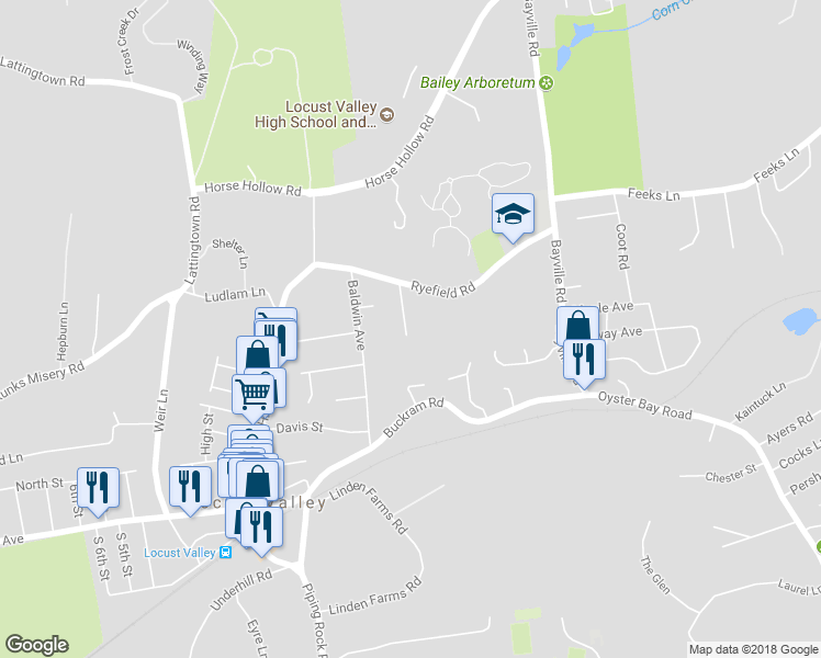 map of restaurants, bars, coffee shops, grocery stores, and more near 6 Coriegarth Lane in Locust Valley