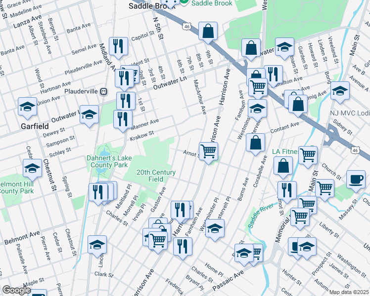 map of restaurants, bars, coffee shops, grocery stores, and more near 303 Malcolm Avenue in Garfield