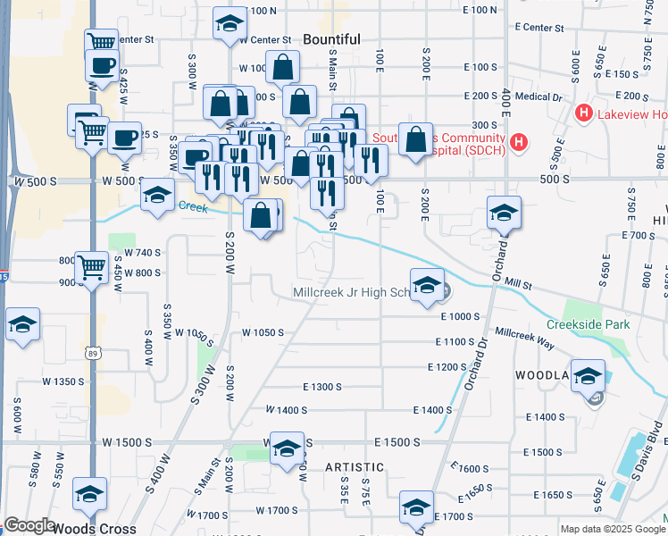 map of restaurants, bars, coffee shops, grocery stores, and more near 761 South Main Street in Bountiful