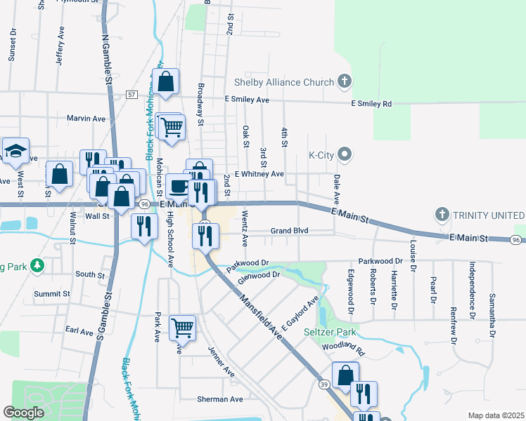 map of restaurants, bars, coffee shops, grocery stores, and more near 106 1/2 East Main Street in Shelby