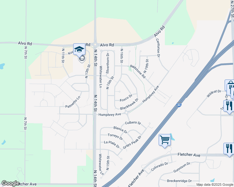 map of restaurants, bars, coffee shops, grocery stores, and more near 7000 North 16th Street in Lincoln