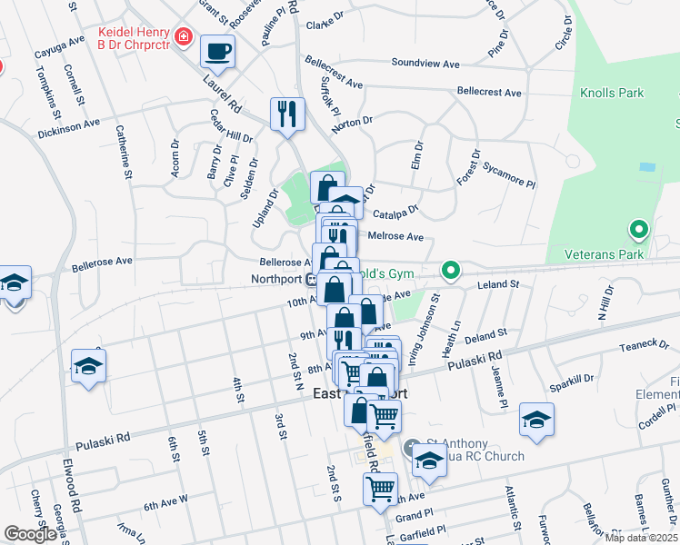 map of restaurants, bars, coffee shops, grocery stores, and more near 19 Laurel Road in East Northport