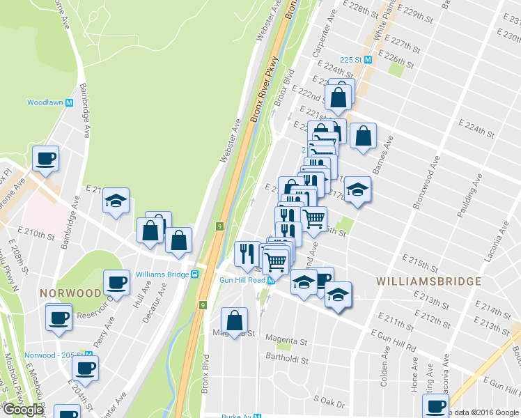 map of restaurants, bars, coffee shops, grocery stores, and more near 3632 Bronx Boulevard in The Bronx